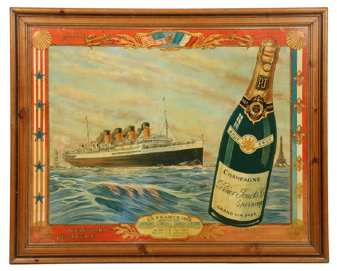 ORIGINAL ARTWORK FOR FRENCH CHAMPAGNE & OCEAN LINER: Broadside Advertisement Layout, oil on canvas, unsigned, for Perrier-Jouet Champagne and the SS "France", Compagnie Generale Transatlantique, underway in 1912 from the US to France, as represented by 