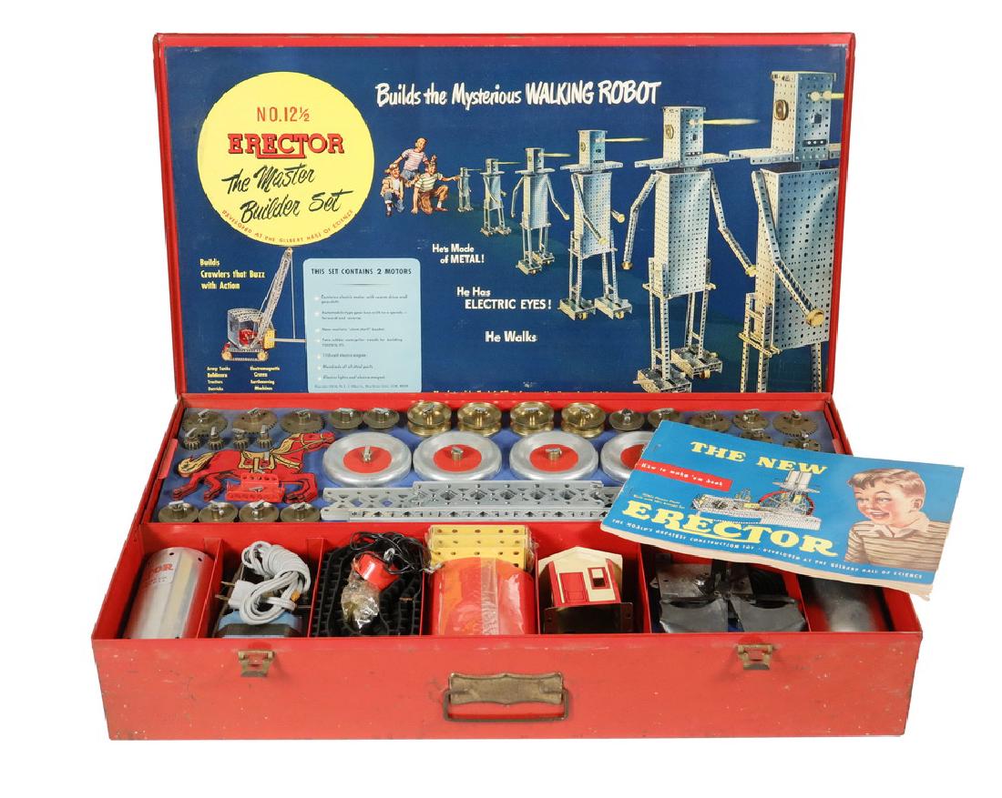 GILBERT #12 1/2 ERECTOR SET: Gilbert #12 1/2 Erector Construction Set, 'The Master Builder Set', ca. 1950, in original untouched condition, with manual, in red metal case, 4 1/2" high, 24 3/8" x 14 1/2". Scratches, minor rust are