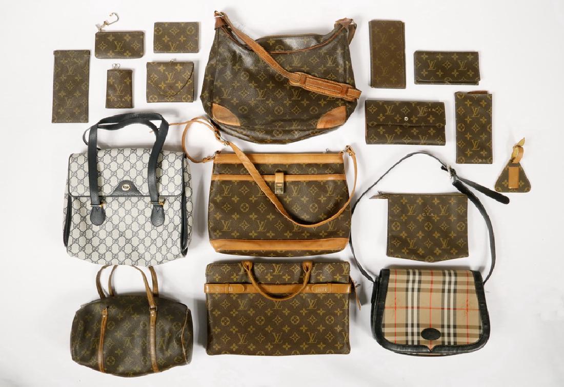 (17) DESIGNER PURSES & ACCESSORIES: Collection of (17) Handbags and Assorted Small Accessories, including: Gucci flap front two handle purse, snap front, with Gucci GG pattern cover and blue leather trim, leather lined three-compartment