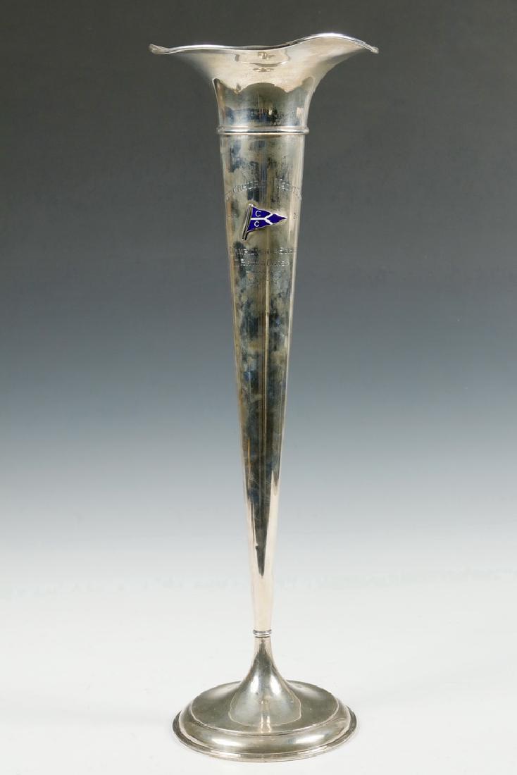 STERLING SILVER YACHT TROPHY VASE: Trumpet Vase marked "J.F.J. Co, NY, Sterling" (John Frick Jewelry Company, New York) on underside, engraved Cedarhurst Yacht Club (with enameled club pennant emblem) flanked by date 1926, Championship
