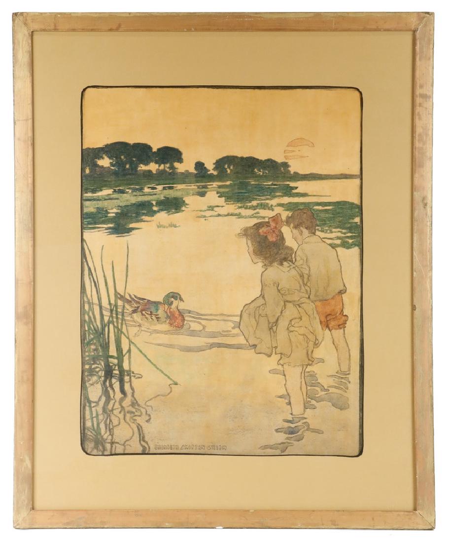 ELIZABETH SHIPPEN GREEN (PA, 1871-1954): "The Wood Duck", an illustration for the book "River Land" by Robert W Chambers, Harper & Bros, NY, 1904. Mixed media, signed lower left, in water gilt frame, gold mat, glazed, OS: 27 1/2" x 23", SS: