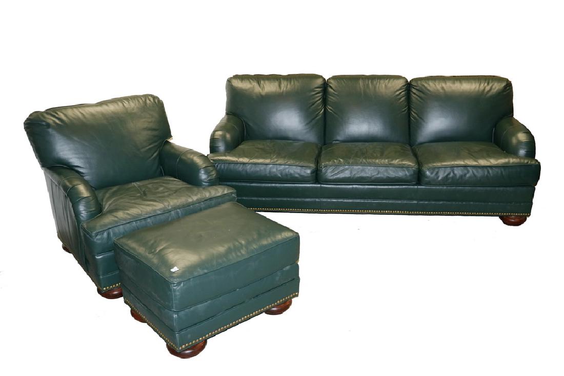 (3 PC) SET GREEN LEATHER SOFA, ARMCHAIR & OTTOMAN