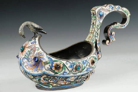 SILVER & CLOISONNE ENAMEL KOVSH: Large Russian 84-Silver and Shaded Cloisonne Enamel and Jeweled Kovsh, Moscow, 1896-1908, Cyrillic maker's mark EPR, assayer Ivan Lebedkin, with scrolled handle and full body swan figure at the prow,