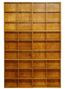 (6) DANISH MODERN BOOKCASES BY MOGENS KOCH: Six Stacking/Wall Hanging Units in Pitch Pine by Mogens Koch (1898-1993), for Erhard Rasmussen of Copenhagen, having labels verso with serial numbers, designed ca. 1958, each case dovetailed, partitio