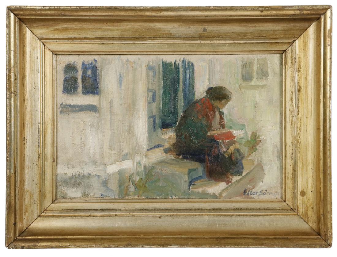 EILER SORENSEN (DENMARK, 1869-1953): Woman Reading on Stoop, oil on canvas, signed lower right, in gold cove frame, OS: 9 1/4" x 12 1/2", SS: 5 3/4" x 9". Good condition.