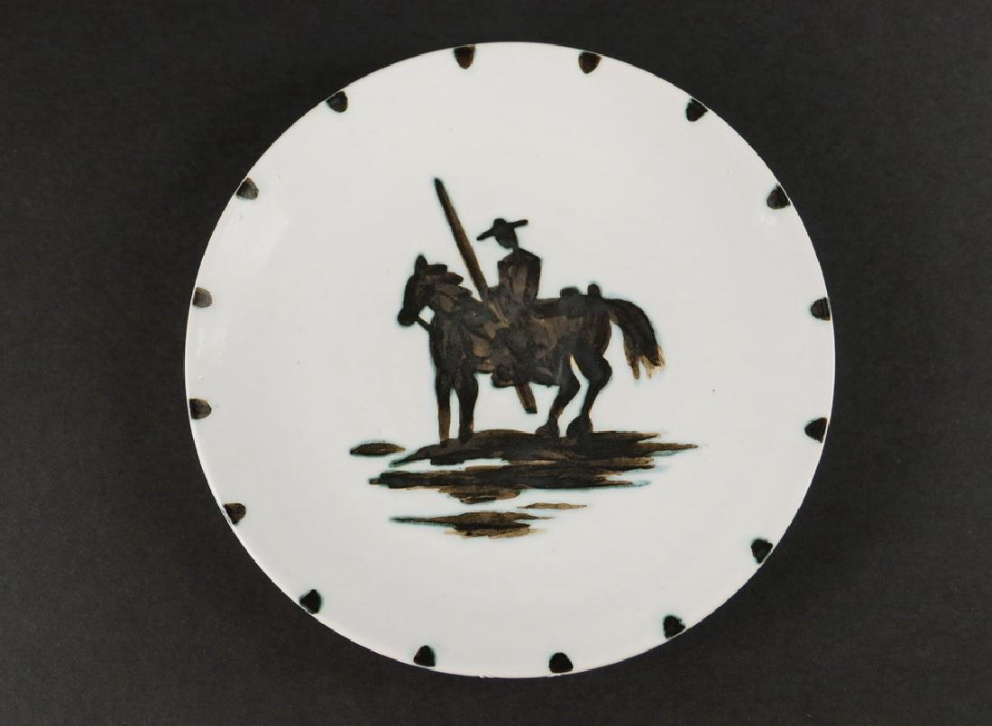 PABLO PICASSO (SPAIN/FRANCE, 1881-1973): "Picador, 1952", partially glazed earthenware plate, inscribed & stamped "Edition Picasso" & stamped "Madoura Plein Feu". 7 1/2" diam. Fine condition. Literature: Alain Ramie, "Picasso: Catalogue of t