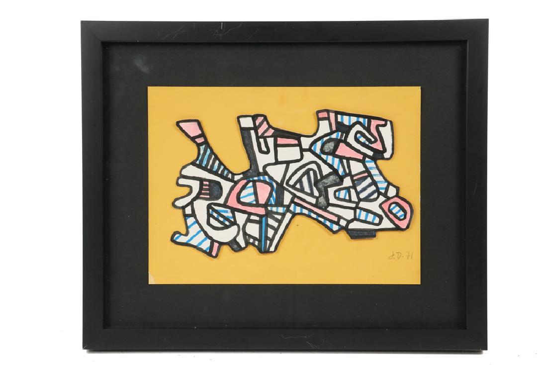 JEAN DUBUFFET (FRANCE, 1901-1985): "Untitled", marker on profile cut cardstock, mounted on board, initialed and dated '71, in black box frame with black surround, glazed, OS: 13 1/4" x 16 1/4", SS: 8" x 11". Lower left corner gone.