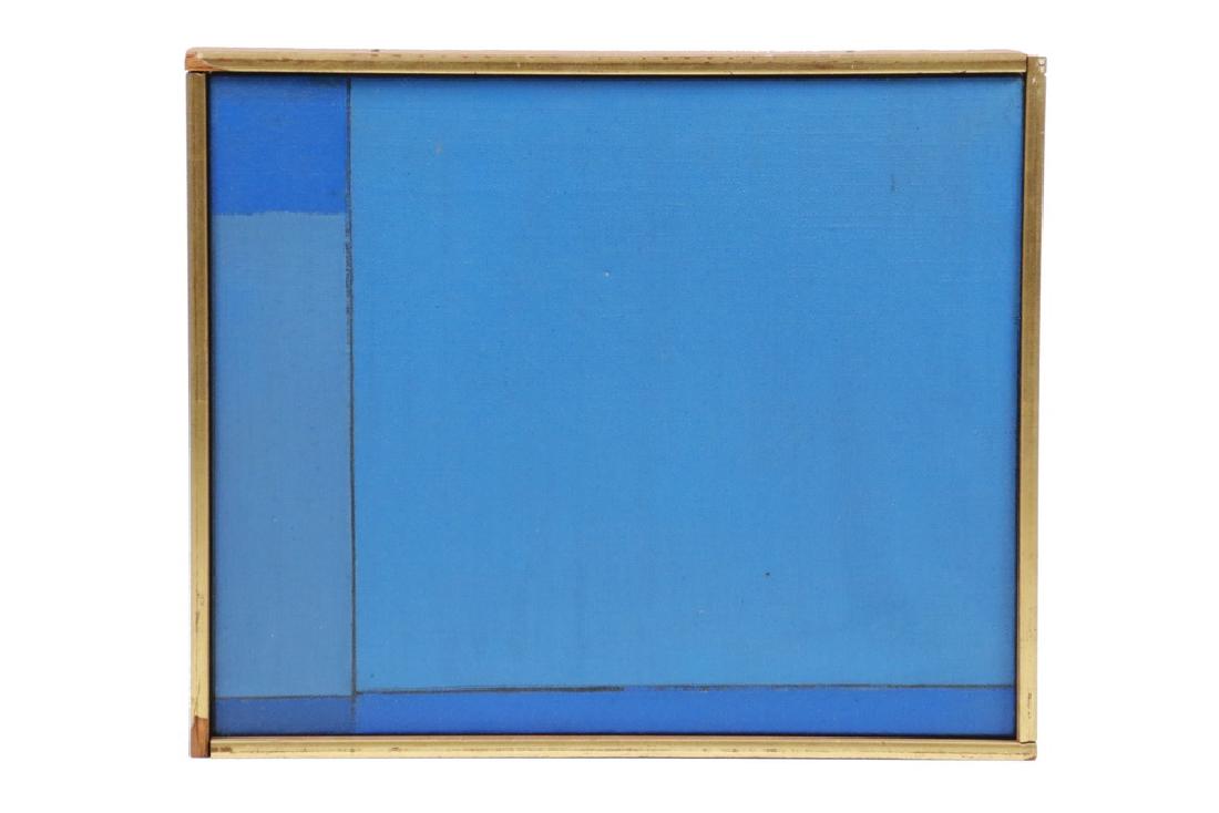 LUDWIG R. SANDER (NY, 1906-1975): "Blue", oil on canvas, signed and dated '62 verso, includes old display card with title of "Blue" and price of $350. Typed label gives title of "LSE #30". In mahogany slat frame with gilt edge, OS: 9 