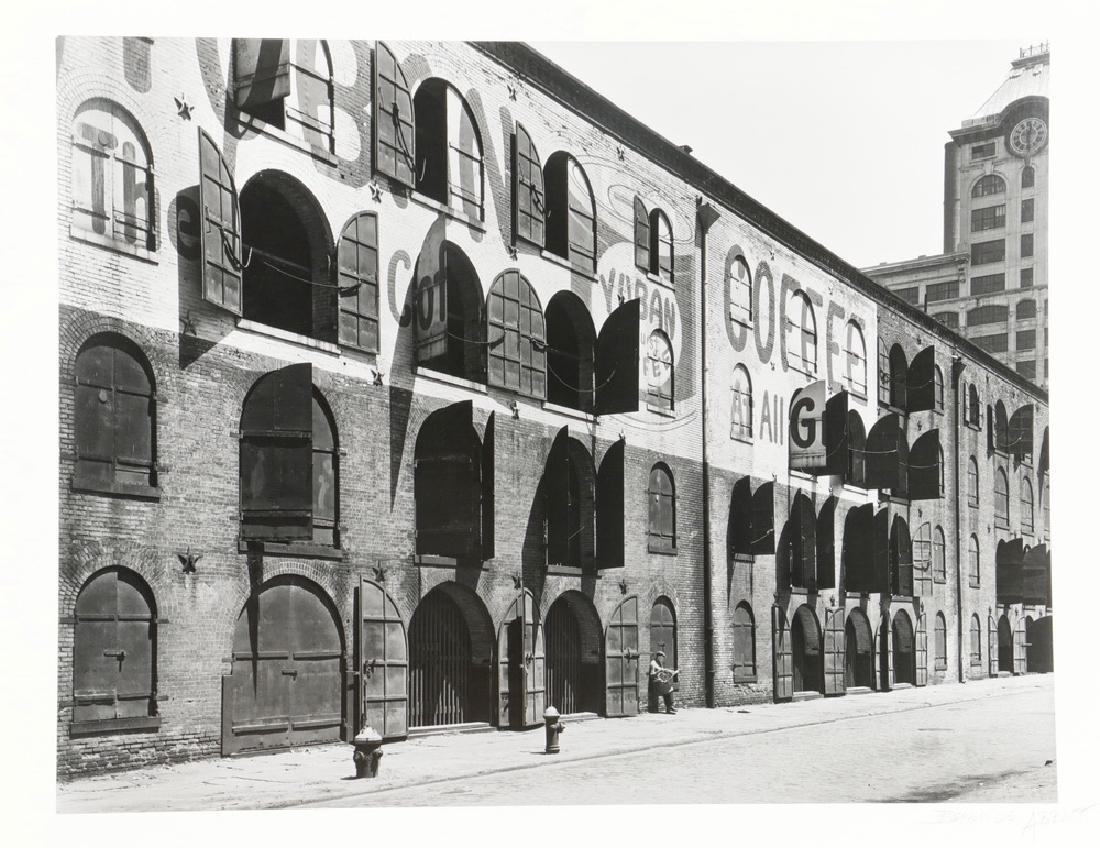 BERENICE ABBOTT (NY/ME, 1898-1991): "Yuban Coffee Warehouse, Water and Dock Streets, Brooklyn, 1936", gelatin silver print, from the original glass negative, printed by Abbott circa 1980, pencil signed on the mount, unframed, OS: 20" x 