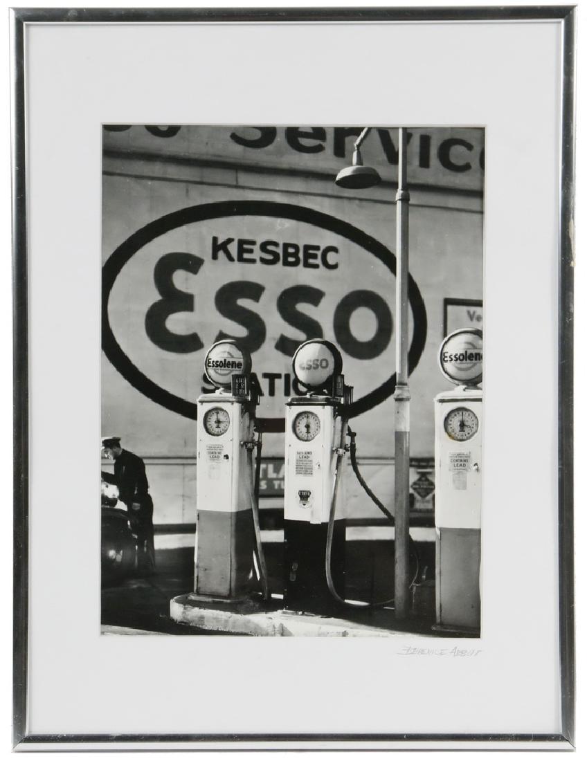 BERENICE ABBOTT (NY/ME, 1898-1991): "Gasoline Station, w. 29th at Tenth Avenue, 1935", gelatin silver print, from the original glass negative, printed by Abbott circa 1980, pencil signed on the mat, in an aluminum box frame, under glass