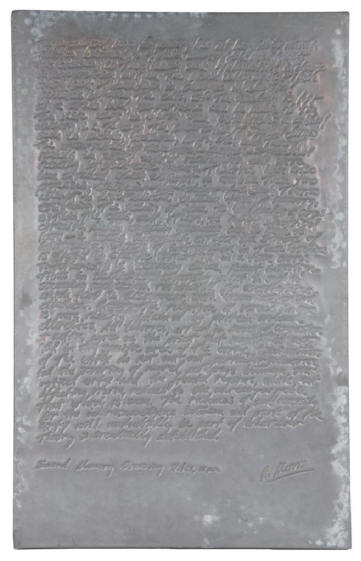 ROBERT MORRIS (NY/KS, 1931 - ): "Second Memory Drawing, 9/8/63, 12 p.m.", lead and intaglio over wood, unframed, 21" x 13", fine condition.