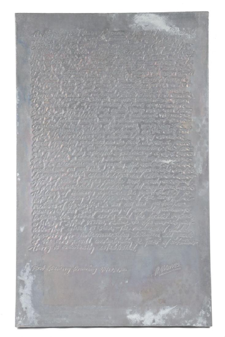 ROBERT MORRIS (NY/KS, 1931 - ): "First Memory Drawing, 9/4/63, 7 p.m.", lead and intaglio over wood, unframed, 21" x 13", fine condition.