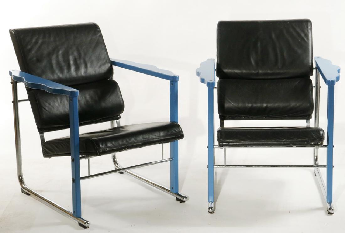 PAIR OF DESIGNER ARMCHAIRS: Experimental "Sarja" Armchairs designed by Yrjo Kukkapuro of Finland, 1982, manufactured by Avarte OY, in chrome-plated steel, leather, lacquered wood, plastic. With decal manufacturer's label to unde