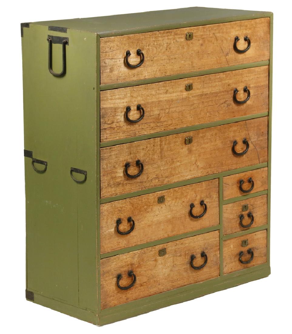 JAPANESE TANSU CHEST: Traditional Clothing Chest in Kiri (Paulownia wood) and Sugi (Cedar wood), Late Edo 1850s, the case in avocado green paint, the drawer faces unpainted, retaining the original hand forged drop bail pul
