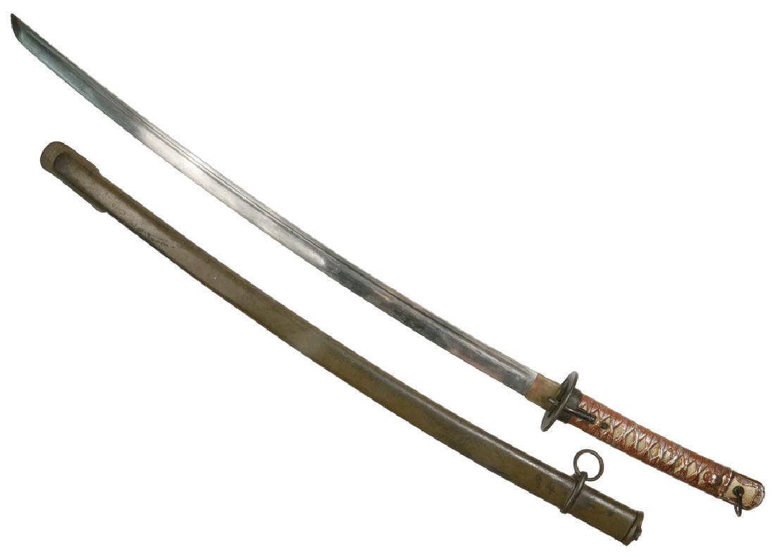 WWII JAPANESE KATANA SWORD: Standard Imperial Japanese Army Issue NCO Sword with steel scabbard, cast metal grip, s/n 201837, 27" blade, 37 1/2" overall, some wear from use.