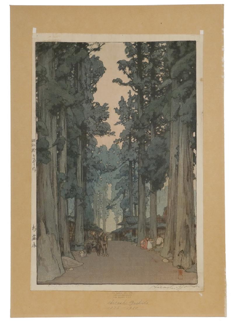HIROSHI YOSHIDA (JAPAN, 1876-1950): "Cryptomeria Avenue", an oban shin hanga print, 1937; "jizuri" seal, pencil signed and titled, Yoshida Studio. Skillfully executed "bokashi" shading to sky, trees, and foreground; crisply detailed lin