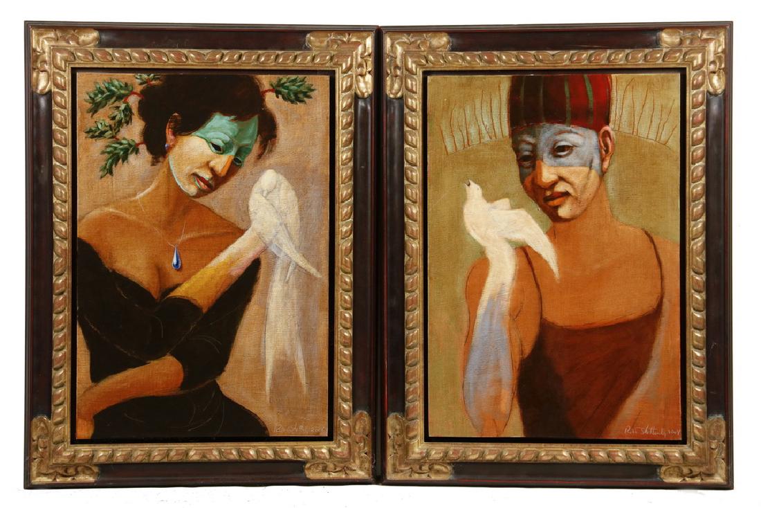 ROBERT SHETTERLY (CONTEMPORARY MAINE): Pair of Masked Women with Doves, Allegories of Summer and Winter, oil on hardboard, signed and dated 2004, in black lacquered carved and gilt frames with 1/2" shadowbox line. OS: 33" x 25", SS: 26" x