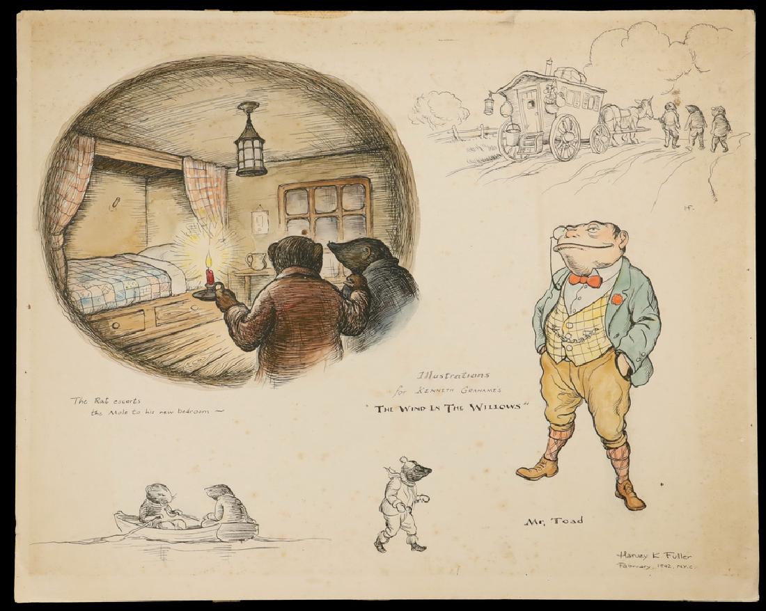 HARVEY KENNETH FULLER (CT, 1918 - ): "Illustrations for Kenneth Grahame's "The Wind in the Willows", india ink and watercolor on illustration board, signed lower right and dated February, 1942, NYC. Depicts a full-length portrait of Mr. 