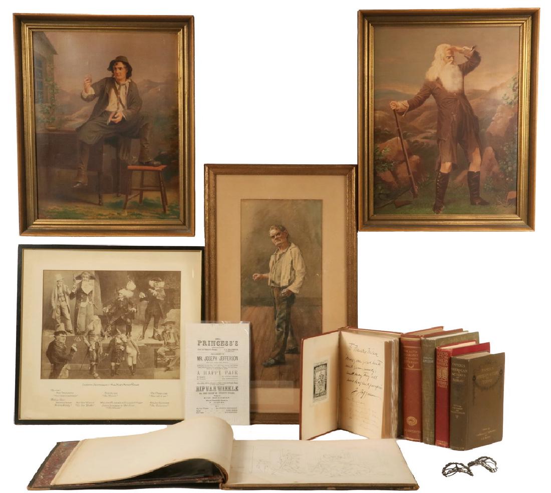THEATRICAL MEMORABILIA OF JOSEPH JEFFERSON: Collection of materials concerning the 19th c. American Actor 'Joe' Jefferson (1829-1905), best known as Rip Van Winkle, including: a watercolor portrait by William Verplanck Birney (1858-1909); PLUS 