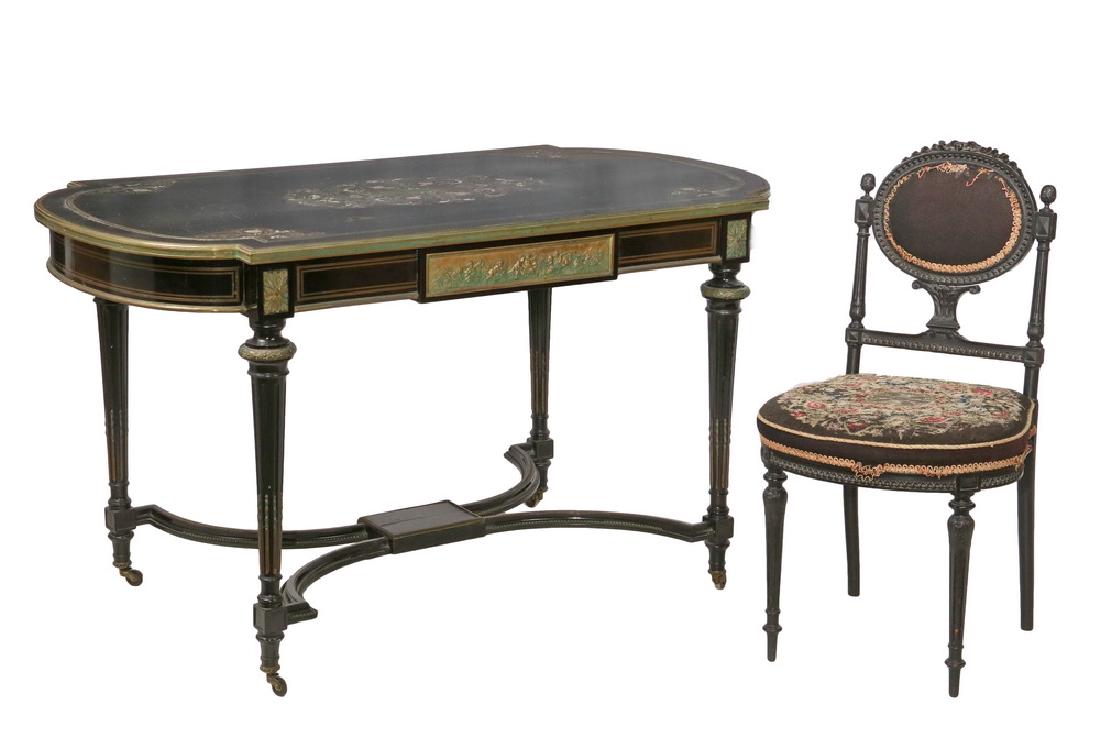 FRENCH DESK AND CHAIR: Napoleon III Bureau Plat in black lacquered wood with ormolu mounts, the top having delicate and ornate decoration in brass and mother-of-pearl inlay, brass molded edge with a blocked and rounded end,