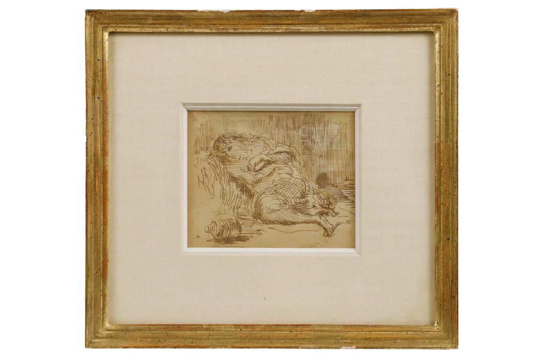 ATTRIBUTED TO REGINALD MARSH (NY, 1898-1954): Drunken Woman, sepia ink and white gouache on paper, unsigned, in gilt stick frame, silk mat, glazed, OS: 8" x 9", SS: 3 1/2" x 4". Fine condition.