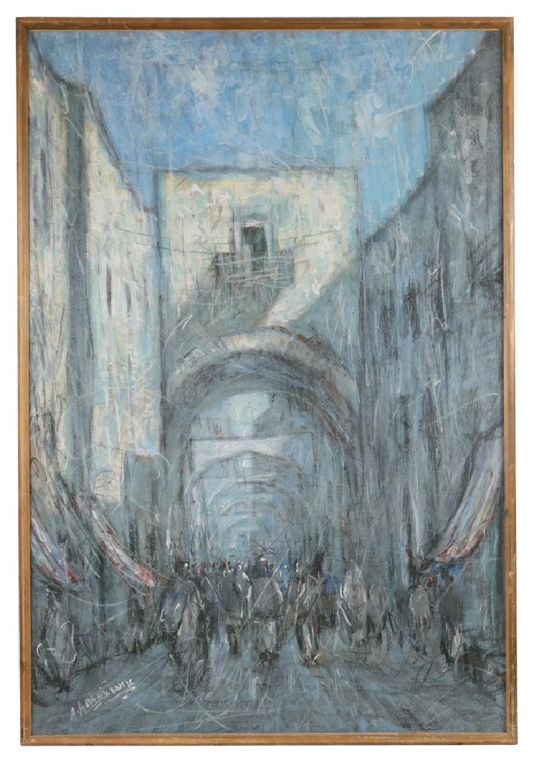 A. ABANI: Arched Street of Tunisia, pastel on paper, signed lower left in English and Arabic, late 20th c., in half-round oak frame, under glass, OS: 39 1/4" x 26 3/4", SS: 38 1/4" x 25 3/4". Good condition.