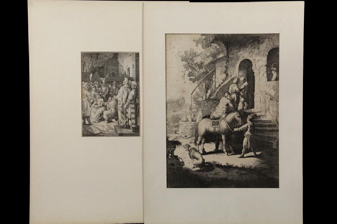 (2) EARLY 17TH C. ENGRAVINGS: Both tipped into mats, including: "The Good Samaritan" by JOHANNES VAN VLIET (c1610-1637), after Rembrandt van Rijn (1606-1669), copy in reverse of Blanc 71, 14 3/4" x 10 3/4", trimmed, flyspecks uppe