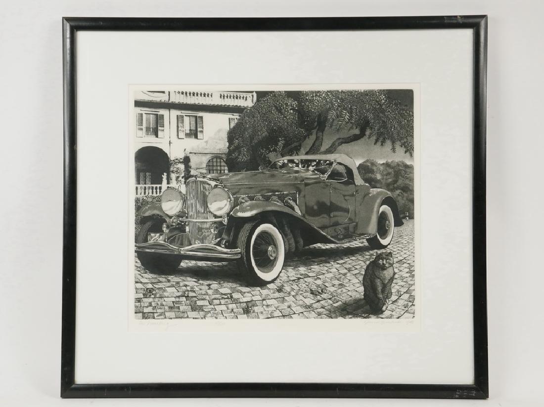 DAVID BUMBECK (VT/MA, 1940 - ): "The Dusenberg", aquatint etching, signed, titled and dated 1986, numbered 28/100, in a black box frame, matted and glazed, OS: 21" x 23 1/2", impression: 13" x 15 1/2". Fine condition.
