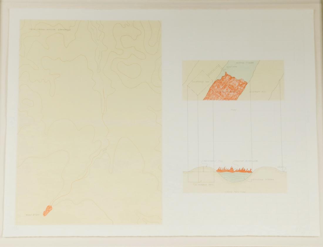 ROBERT MORRIS (NY/KS, 1931 - ): "Earth Project (River of Fire)", from "Liberal, Missouri Quadrangle", 1969, color lithograph, pencil signed and dated, numbered 23/125, floated behind glass in a Japanese bleached wood box frame, OS:
