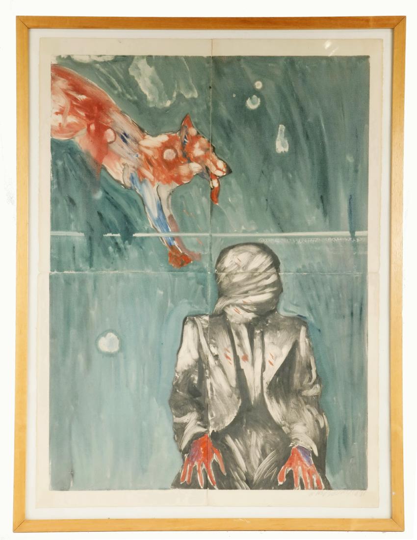 NIKZAD NOJOOMI aka NICKY NODJOUMI (IRAN, 1956 - ): Interrogation with Dog, lithograph on four sheets of paper, assembled, pencil signed and dated 1981, not numbered, floated behind glass, in a Japanese frame, 29 3/4" x 22" assembled sheet, OS: 32 3/4"