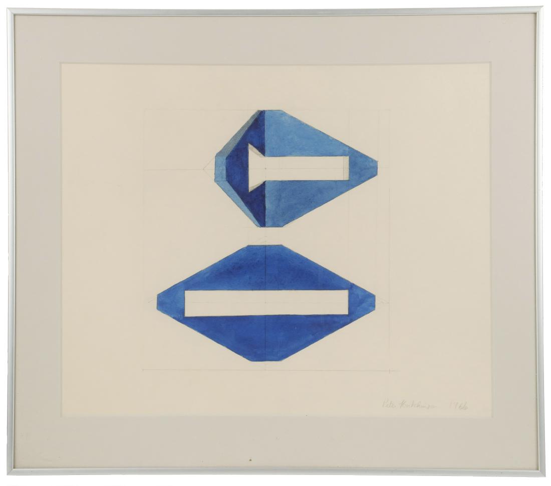 PETER HUTCHINSON (NY/MA/UK, 1930 - ): Blue Abstract, pencil and watercolor on paper, signed lower right and dated 1966, in aluminum box frame, matted and glazed, OS: 18 1/2" x 21 1/4", SS: 14" x 17". Fine condition.