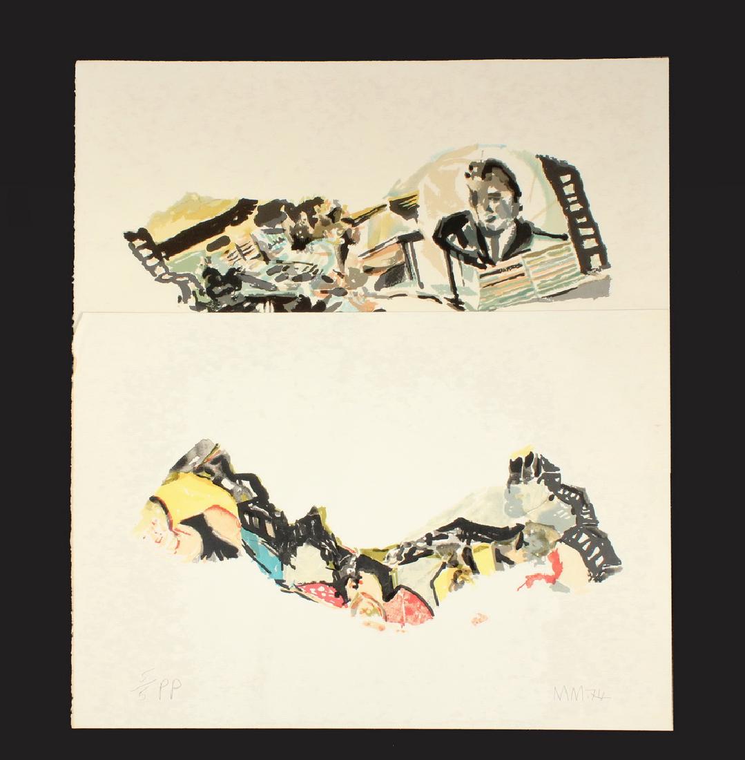 MALCOLM MORLEY (NY/UK, 1931 - ): (2) color lithographs: "Nimeton", pencil signed, dated '74, marked PP 6/6; PLUS "Doris Day", same date, marked PP 5/5, unframed, loose, 29 1/4" x 41". Stains to bottom of the first, bend to one corner