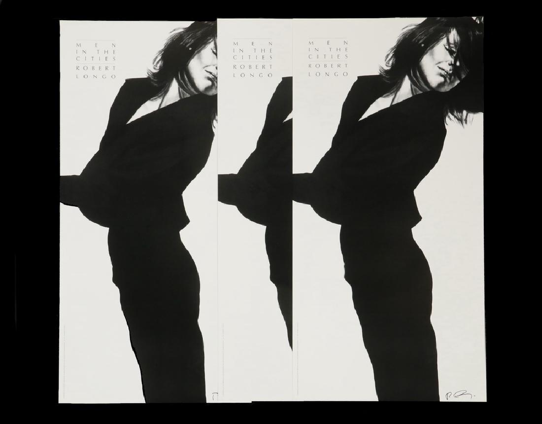 ROBERT LONGO (NY/TX/ITALY, 1953 - ): (3) Copies signed posters "Men in the Cities", Robert Longo, 1990, using the image "Gretchen", unframed, loose, 39 1/2" x 20". Fine condition.