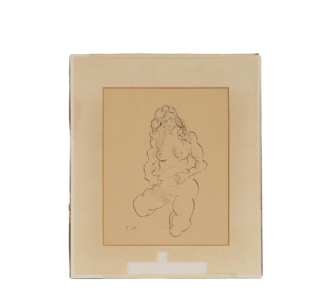 REGINALD MARSH (NY/VT, 1898-1954): Study of a Nude Woman Kneeling, ink on oak tag, initialed R.M., unframed, in mat, OS: 15 1/2" x 11 1/2", SS: 9 1/2" x 7 1/2". Toned.
