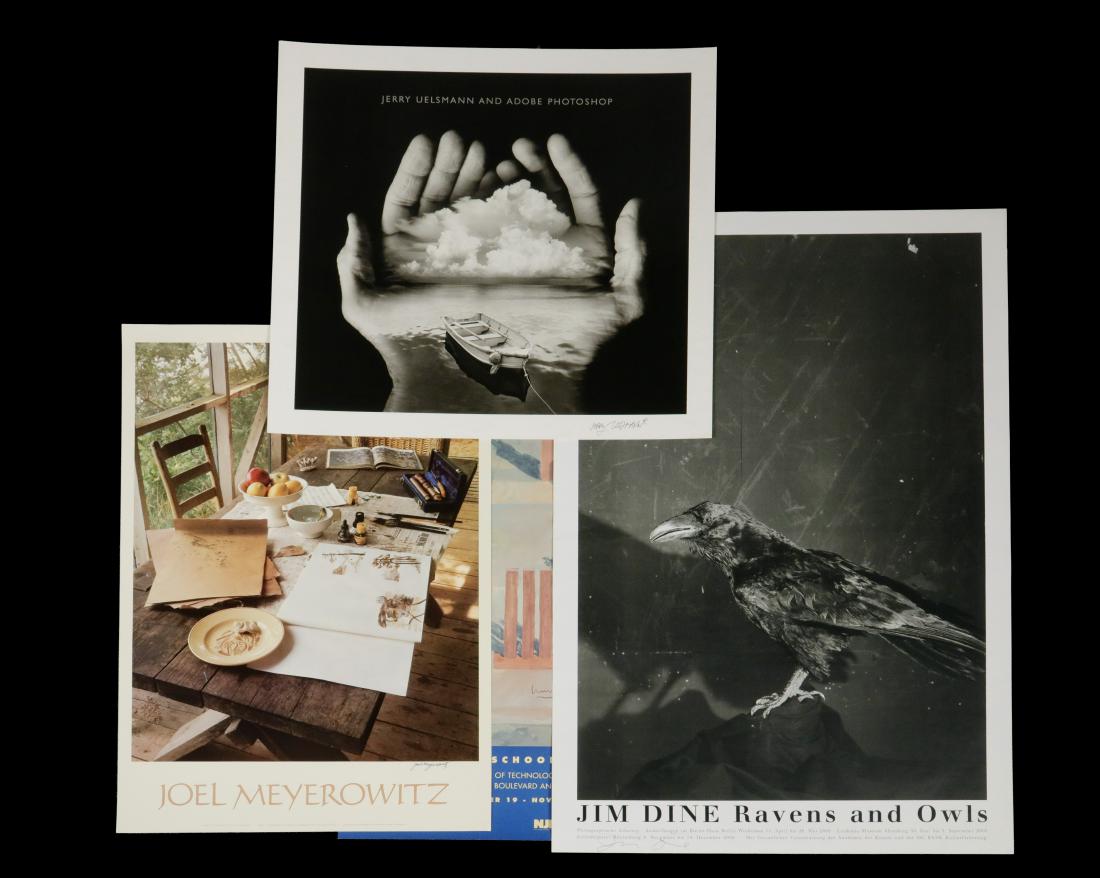 (3) 1980S SIGNED EXHIBITION POSTERS: JIM DINE (NY/OH,: Jim Dine "Raven & Owls", Germany, 38 3/4" x 26 1/2", bends; Joel Meyerowitz 'The Table', 1981, 30 1/4" x 24 1/4", good condition; "Jerry Uelsmann and Photoshop", 24" x 26", handling dimple.