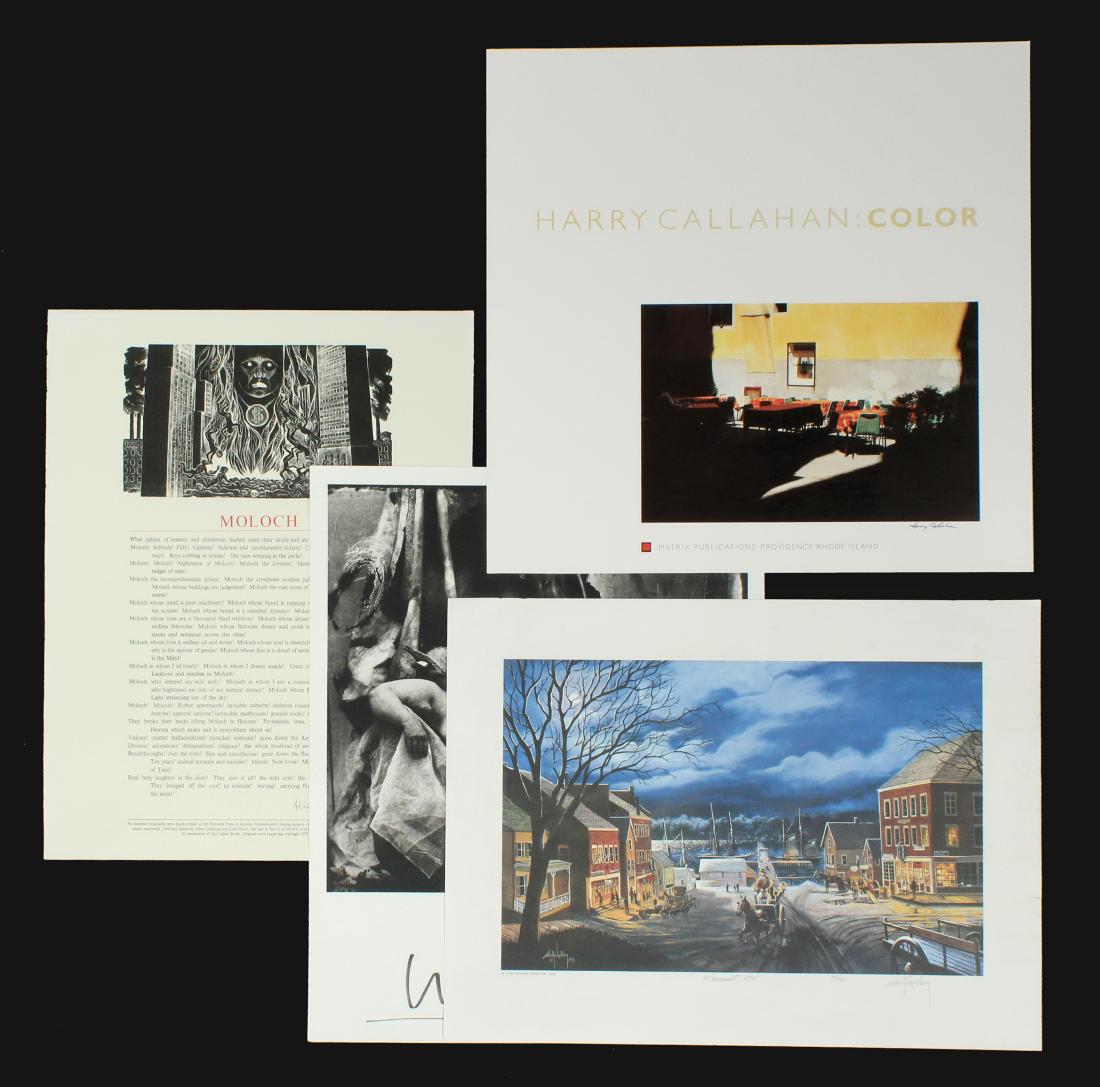 (5) SIGNED PRINTS/POSTERS: All unframed, loose, including: French Chateau on Lake, color litho from an Elge postcard, by MALCOLM MORLEY (NY/OH, 1931 - ), 28 1/4" X 23 3/4"; PLUS "Moloch" (Part II of "Howl"), by Allen Ginsberg,