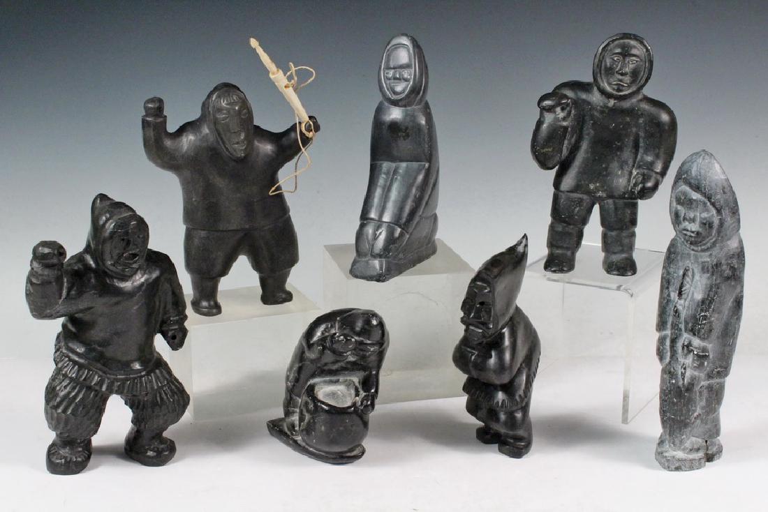 (7) INUIT SCULPTURES: Collection of (7) Inuit Soapstone Carvings, including: Simon Uttaq (Nunavut Territory, Canada), Hunter, unsigned, 7 1/2" high, 4 1/4" x 2 1/2"; Davidee Saumik (Nunavut Territory, Canada, 1925-1984), H