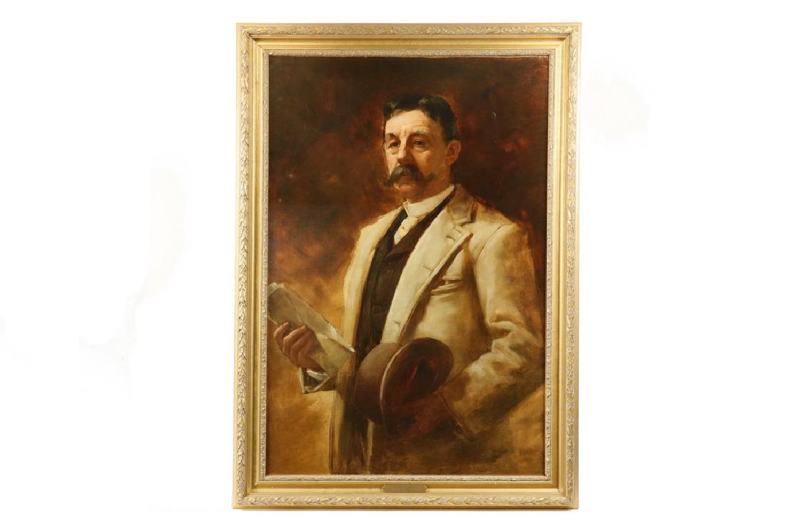 THOMAS COWPERTHWAITE EAKINS (PA, 1844-1916): Portrait of a Successful Gentleman, oil on canvas, signed lower right, circa 1905, depicting a middle aged man with handlebar moustache, in a fawn overcoat, papers and his bowler hat in hand, looking