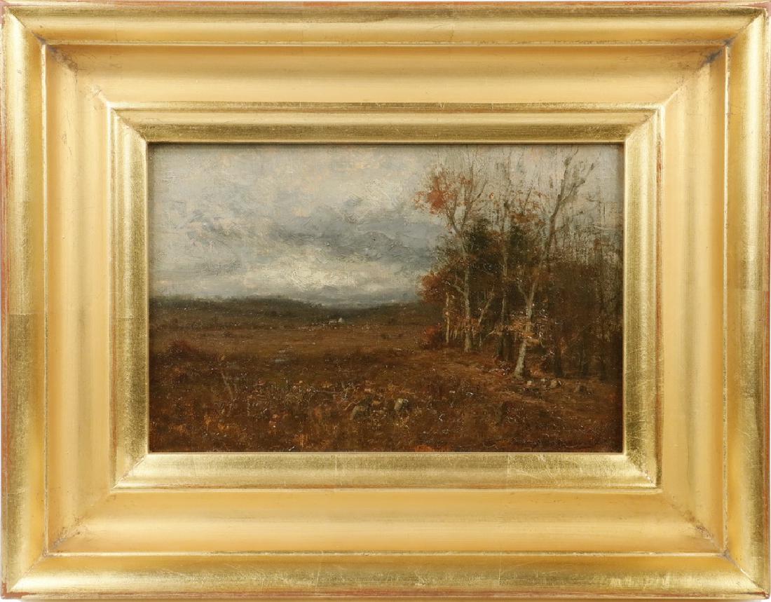 JOSEPH H. GREENWOOD (MA, 1857-1927): A Tonalist Autumn Landscape, oil on canvas, signed lower right, marked on stretcher, in plain gilt cove frame, OS: 11" x 14 1/4", SS: 6" x 9 1/4". Cleaned and revarnished.
