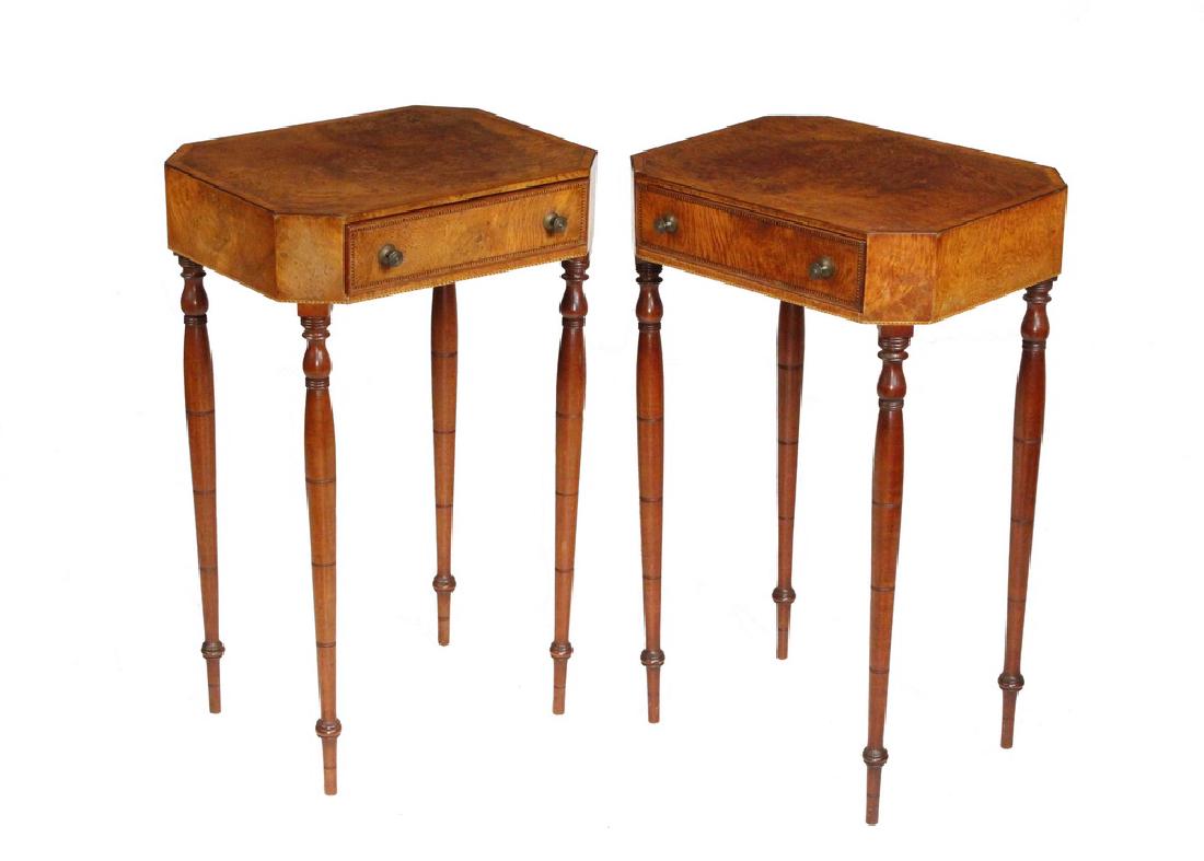 PAIR OF LAMP STANDS: Delicate Sheraton Period Mahogany End Tables, the case rectangular with canted corners, having flame veneer top and face to the single drawer, cross banded satinwood edge with boxwood stringing, raise