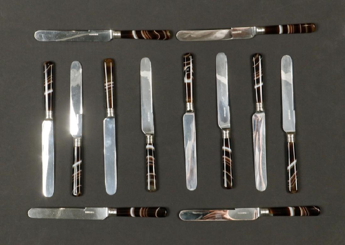 (12) AGATE HANDLED KNIVES: Cased Set of (12) English Agate Handled Knives, by Harrison Brothers & Howson, Sheffield, late 19th - early 20th c., with silver plated blades, in fitted leather case, each knife: 8 3/4" long, case: 2