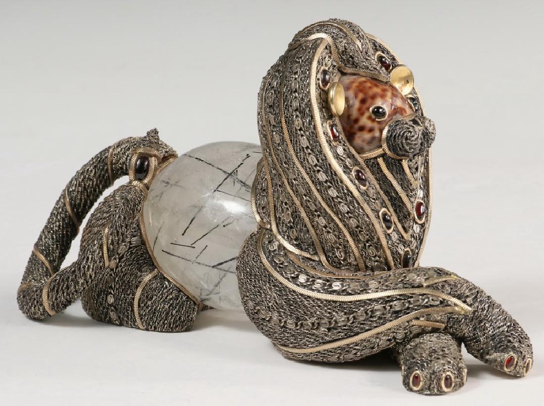 NAEF ORFALEY (NY/PHILIPPINES, 1928- ): Sculpture depicting a recumbent lion, executed in silver filigree, gilded silver, seashell, and crystal, ca. 1980s, unsigned, 4 1/4" high, 7 3/8" x 2 3/8". Surface scratches to base.