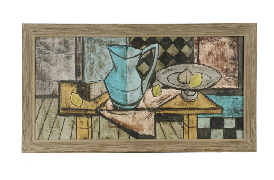 CHARLES LEVIER; AKA 'VILLARD' (FRANCE, 1920-2003): Tabletop Still Life with Pitcher, Compote and Lemons, oil on canvas, signed "Villard" verso, circa 1950, in mitered barnwood frame, OS: 18 1/2" x 33 1/2", SS: 14 1/2" x 29 1/2". Fine condition.