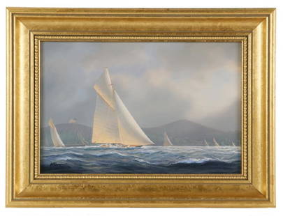 TIM THOMPSON (CONTEMPORARY UK): America's Cup Race, oil on canvas, signed lower left, in gold molded frame with beaded liner, OS: 11 3/4" x 15 3/4", SS: 7 3/4" x 11 3/4". Fine condition.