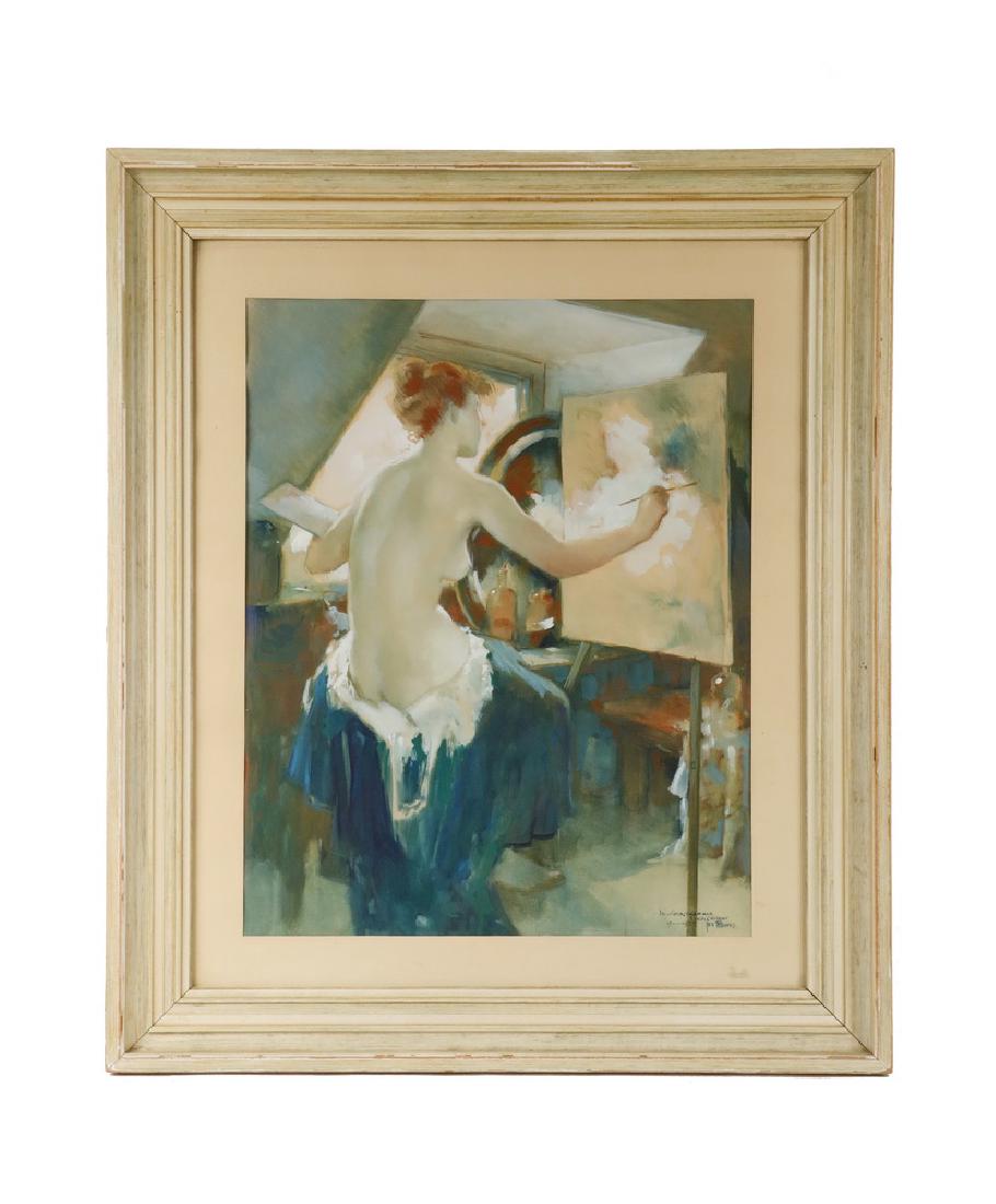 SIMON WILHELMIUS SWITZAR (CA/NETHERLANDS, 1904-1991) &: "Inspirenschafaan" (Inspirational Scene), gouache on paper, signed by both artists and titled lower right, dated '13-11-1955' (Switzer moved to California in 1957), depicting a lovely young woman seat