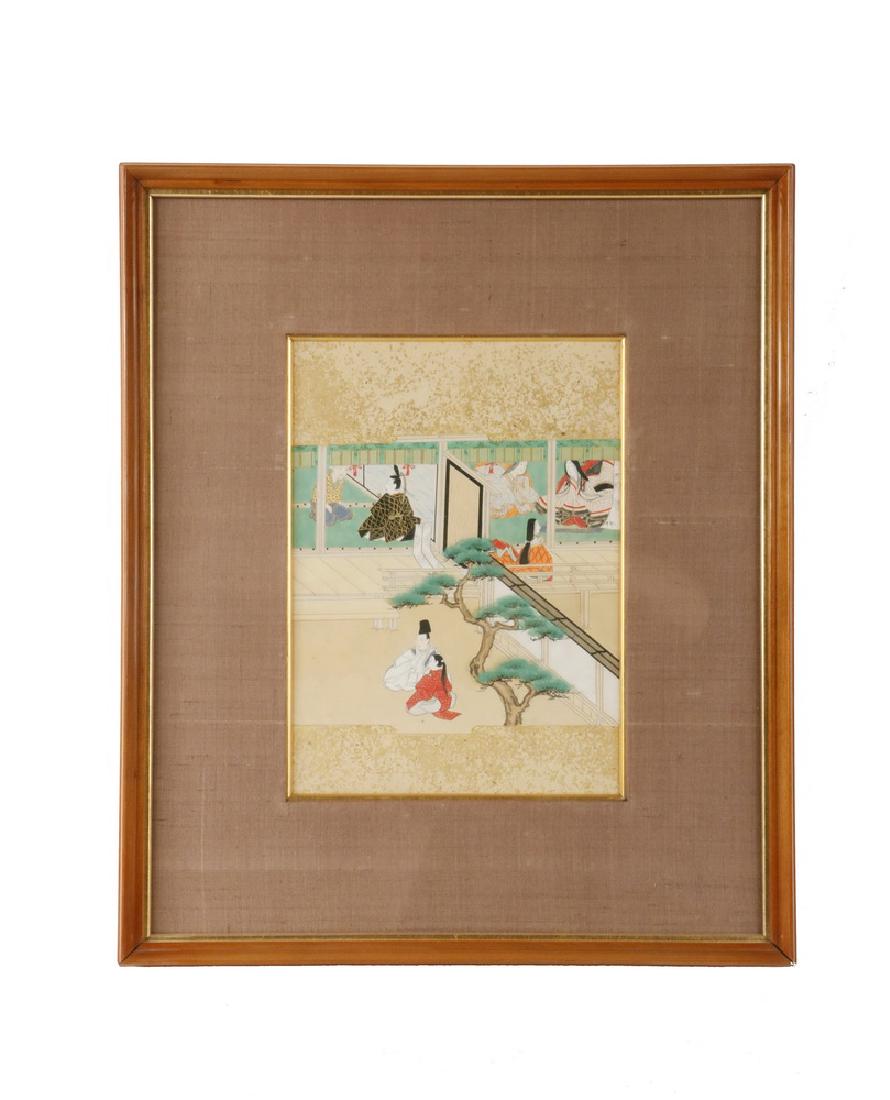 FRAMED 18TH C. JAPANESE PAINTING: Early 18th c. Narae (paintings from Nara, based upon religious parables), a scene from "The Tale of the Old Bamboo Cutter" or "Taketori Monogatari", first published in the 10th c., probably the oldest