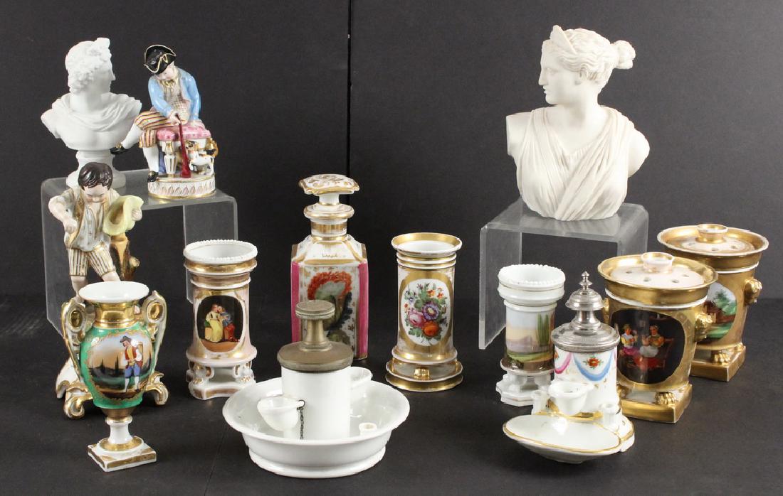 (13 PCS) FRENCH PORCELAIN: Collection of (13) Pieces of 19th c. French Porcelain, including: Jacob Petit figurine of man in tricorn hat playing with his dog, signed 'JP' on base, 5 3/4" high, repairs to dog's tail and top of ma