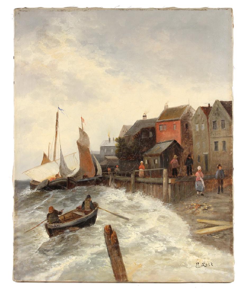 COASTAL DUTCH SCENE: Fishermen Docking at Town during Storm, oil on canvas, signed lower right "E. Lott", unframed, 20 1/2" x 16 1/2". Overall craquelure.