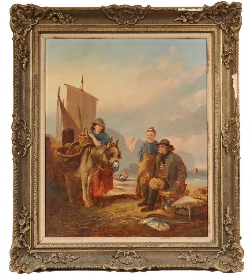 WILLIAM HENRY PIKE (UK, 1846-1908): The Fisherman's Family, oil on canvas, signed lower left and dated 1870, the back of the canvas stencilled by Reeves & Sons of Cheapside, London. Housed in gold painted Victorian gesso frame, OS: 27 1
