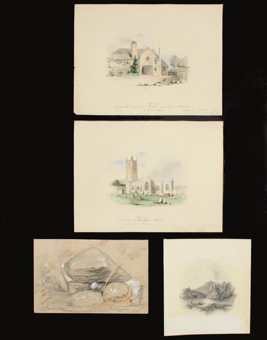 (4) ORIGINAL PIECES OF ARTWORK BY MEMBERS OF THE WARREN: All unframed, loose, including: "Church in Ashburton, Devon" & "House 'Headboro' in Ashburton, Devon, Ancient Seat of the Warren Family", with notation from JC Warren, indicating he visited this in 18